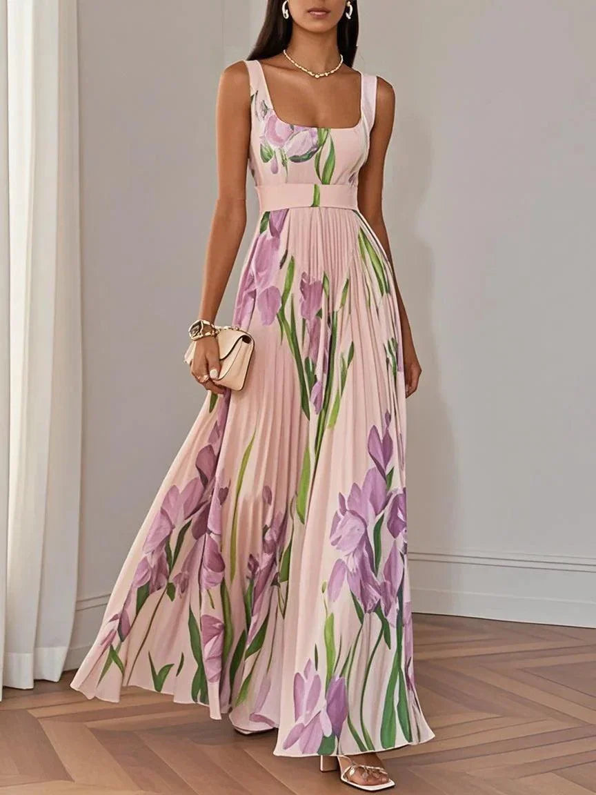 Women's elegant floral maxi dress, pleated design, square neck, ideal for wedding guests.