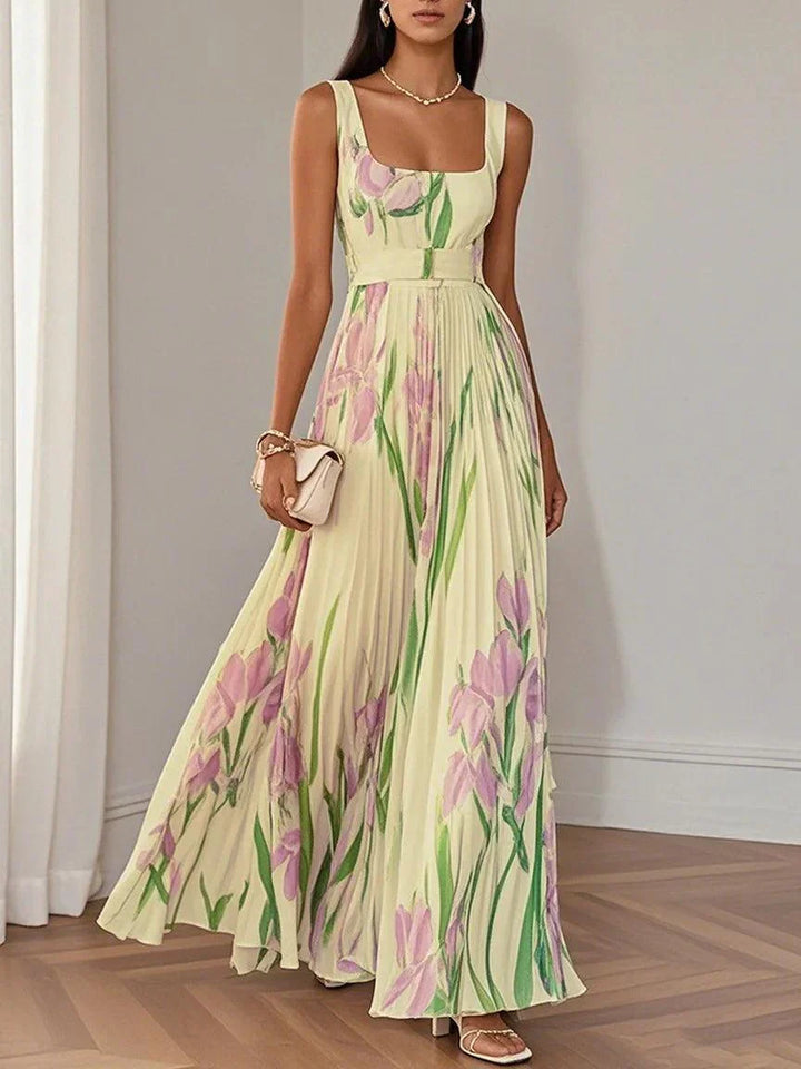 Sophisticated women's pleated floral maxi dress, sleeveless, elegant for formal events.