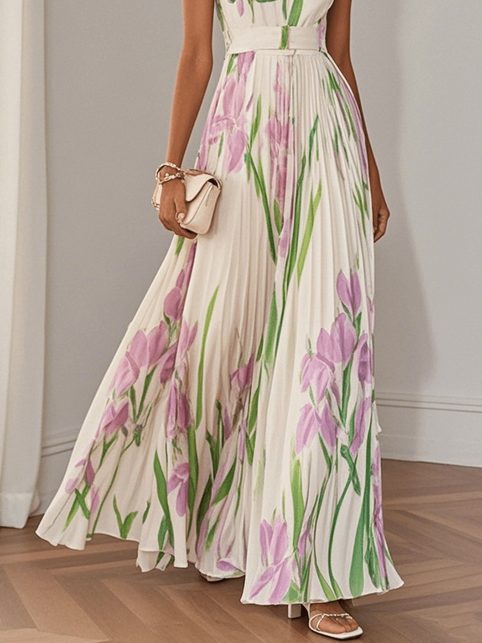 Lovely women's floral sleeveless maxi dress, pleated, square neck, elegant wedding guest wear.