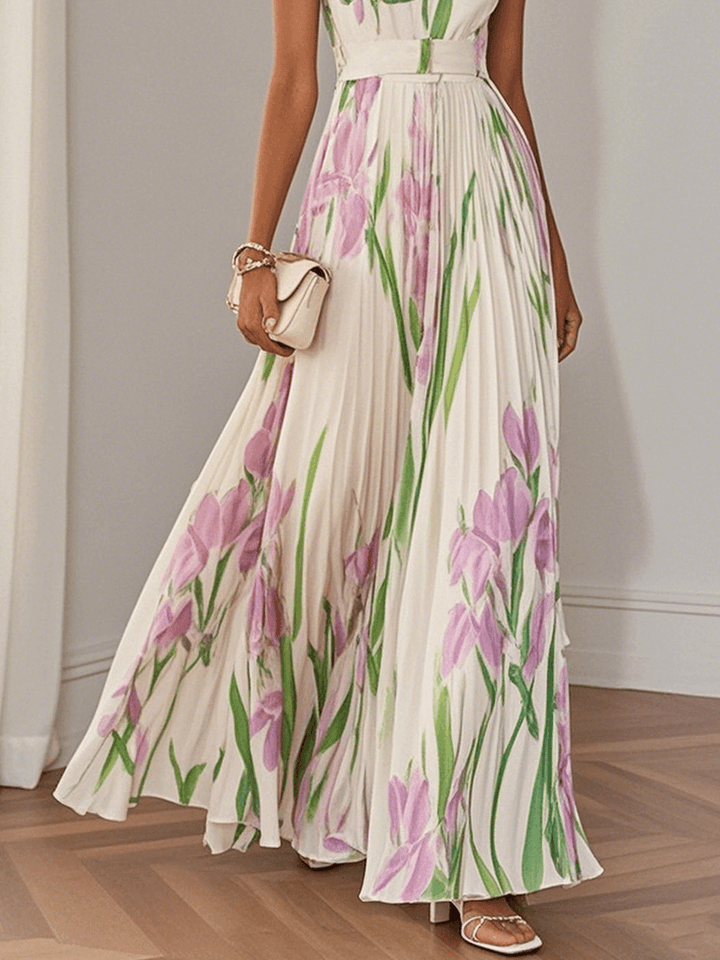 Lovely women's floral sleeveless maxi dress, pleated, square neck, elegant wedding guest wear.
