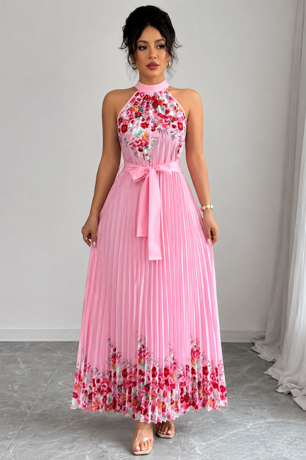 Elegant women's floral pleated midi dress with a stylish square neck, perfect for spring fashion.