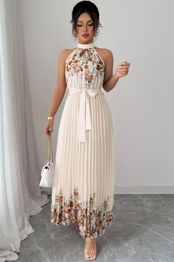 Elegant women's midi dress, stunning floral pattern, graceful pleats, and a flattering square neck silhouette.