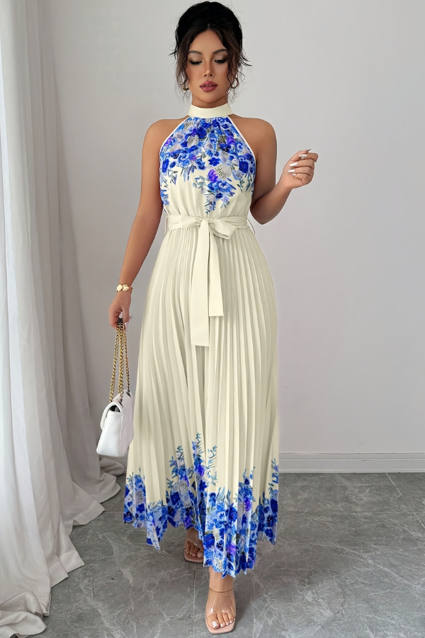 Vacation-ready women's pleated midi dress, gorgeous floral print and elegant square neckline for sunny trips.