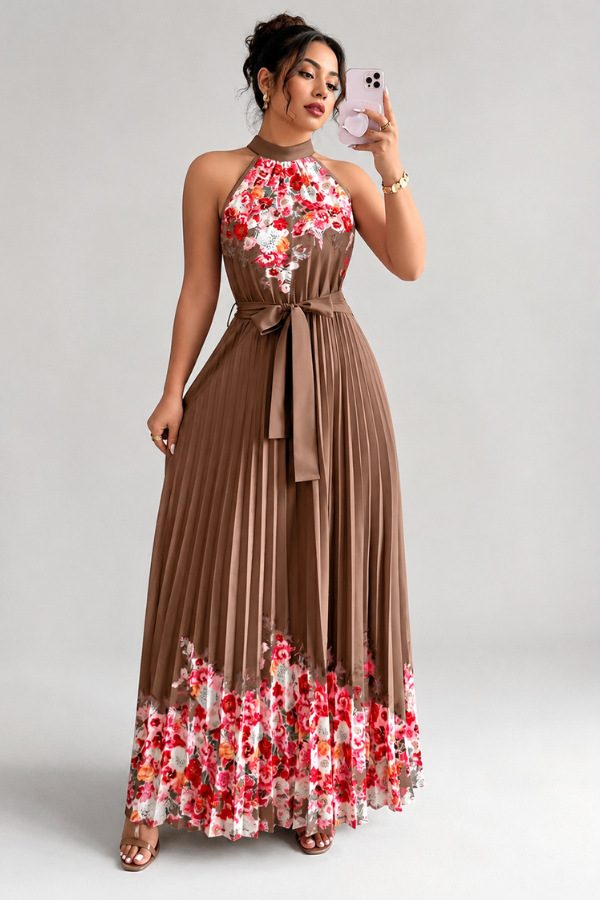 Stylish women's square neck midi dress, vivid floral print and sophisticated pleated fabric for any occasion.