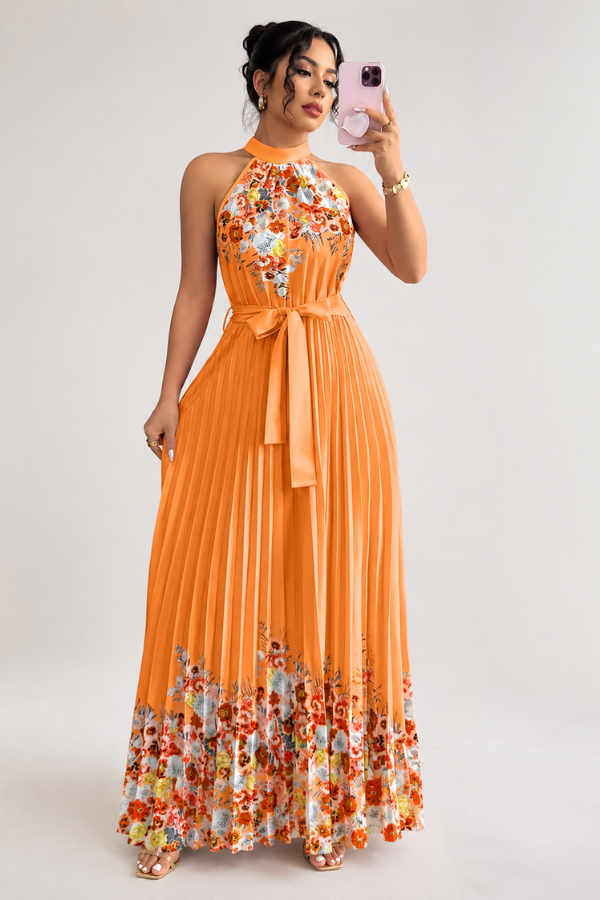 Women's elegant spring midi dress, floral design, pleated skirt, and comfortable square neck for daytime wear.