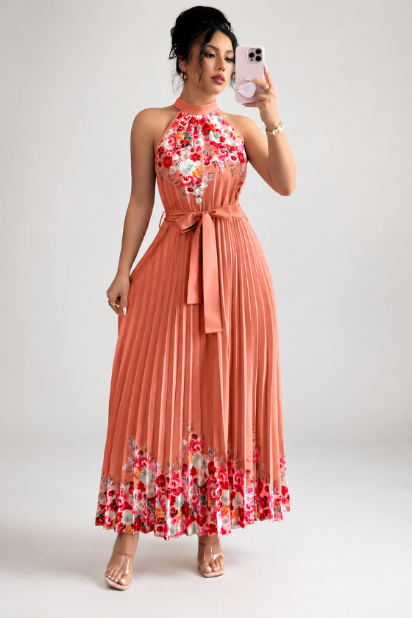 Beautiful women's floral pleated midi dress, an elegant choice with a classic square neck for a refined look.