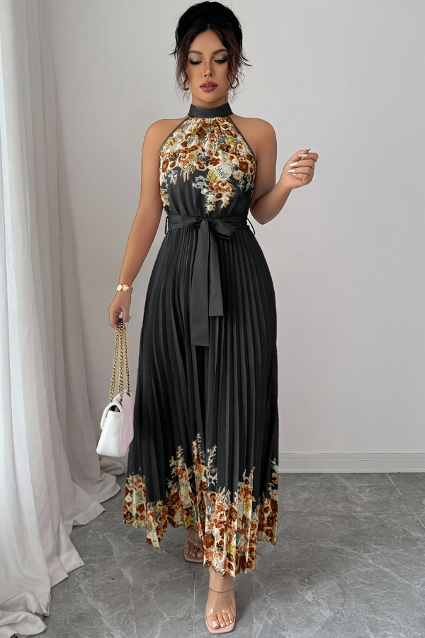 Women's casual summer floral midi dress, featuring a flowy pleated skirt and a chic square neck design.