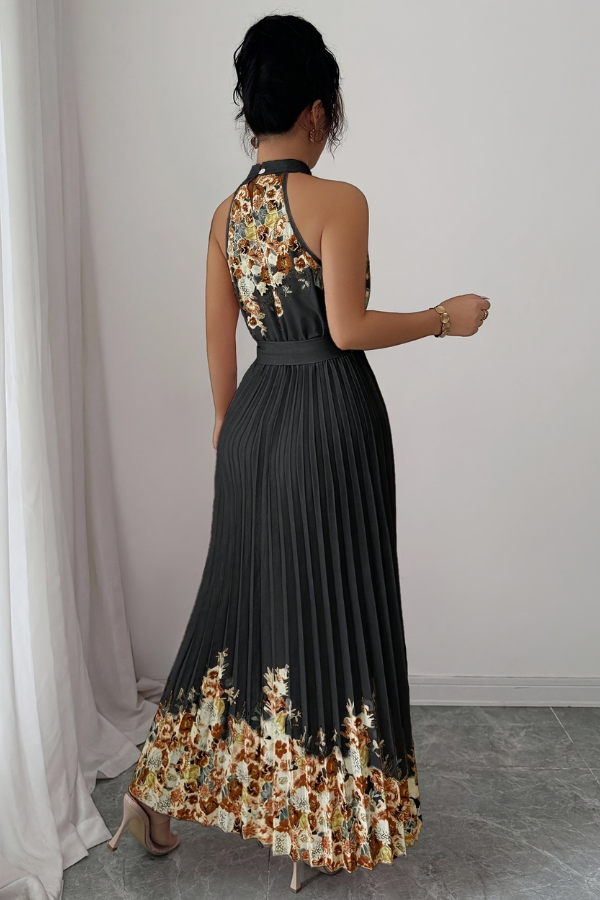 Elegant women's party midi dress with a pretty floral print, pleats, and a stylish square neck, perfect for evenings.