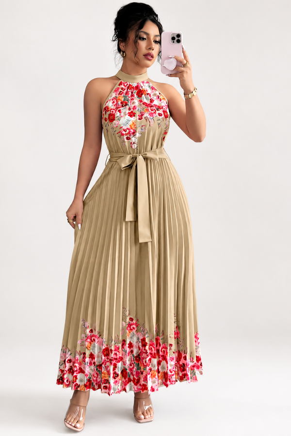 Women's vacation floral midi dress, square neck style, and a charming pleated flowy design for resort wear.