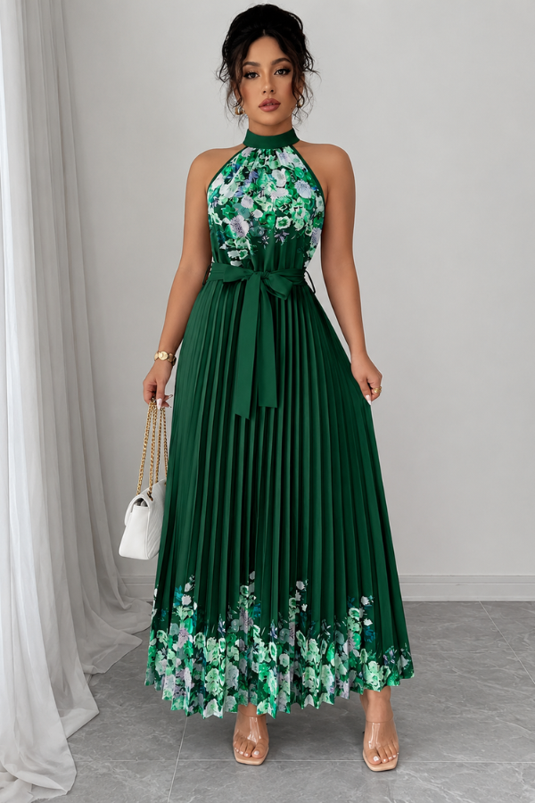 Women's sophisticated floral midi dress, elegant square neck, and finely pleated detail for a polished appearance.