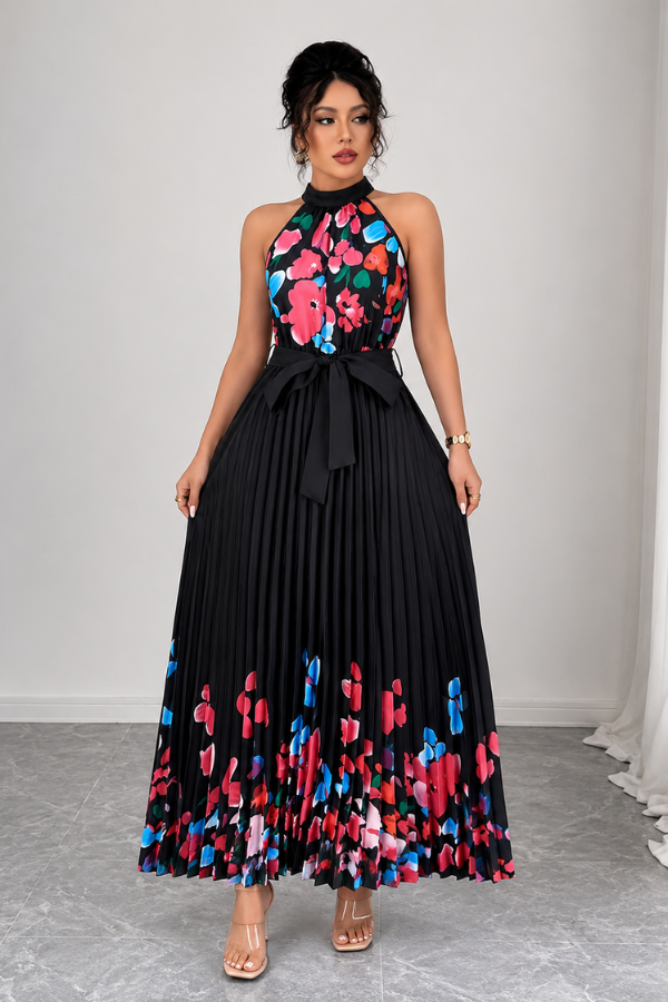Spring floral women's midi dress, with a stylish square neck and an elegantly pleated skirt for a fresh look.