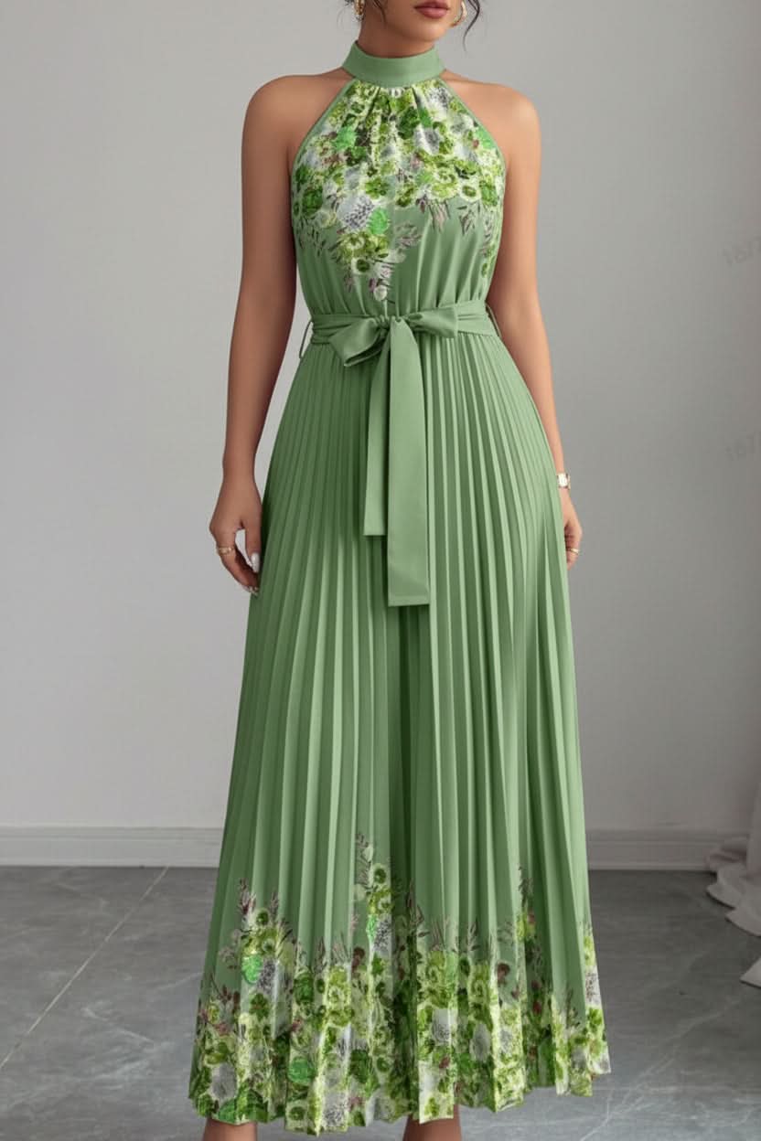 Women's trendy pleated midi dress, elegant floral pattern, perfect square neck summer style for everyday fashion.