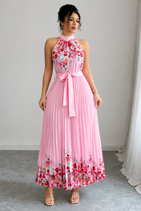 Summer vacation women's midi dress: elegant floral pattern, flattering pleated skirt, and square neck design.