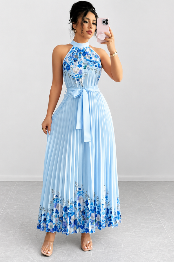 Women's elegant square neck midi dress, lovely floral print, finely pleated for a chic spring look.