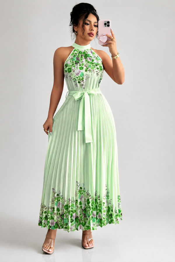 Casual yet elegant floral midi dress for women, featuring a square neck and delicate pleats, ideal for summer.