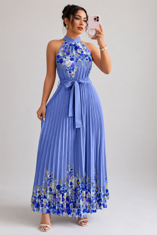 Party-ready women's floral pleated midi dress, perfect with its elegant square neck design and flowy feel.