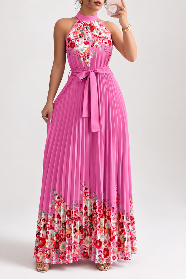 Chic women's summer midi dress, vibrant floral print, pleated detail, and comfortable square neck style.