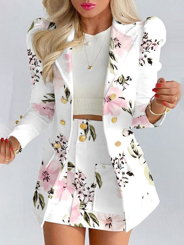 Sophisticated floral print blazer and skirt set, a stylish two-piece outfit for women's fashion.