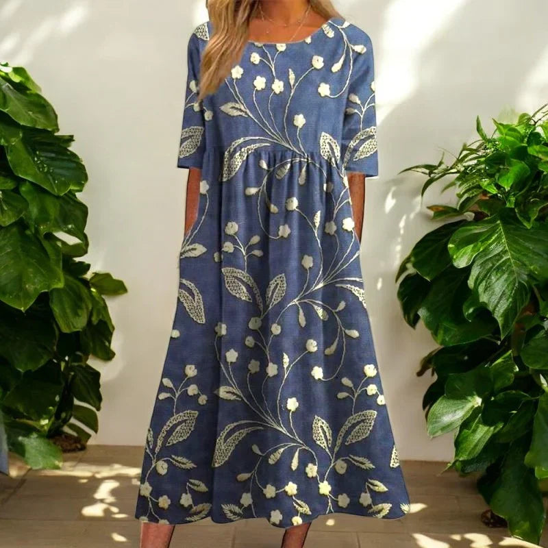 Vibrant floral midi dress for women, an elegant choice for spring & summer occasion wear.