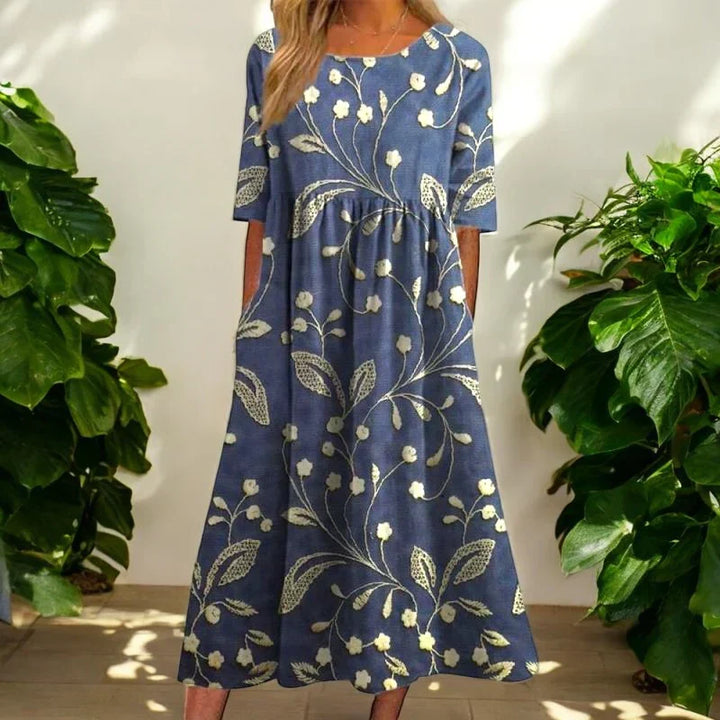 Vibrant floral midi dress for women, an elegant choice for spring & summer occasion wear.