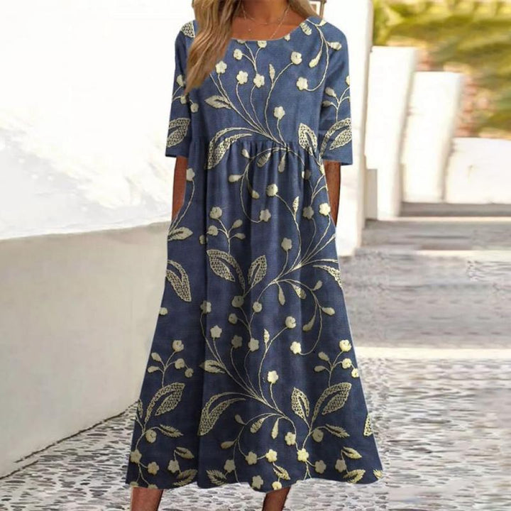 Stylish women's floral midi dress, versatile for casual wear, parties & elegant spring events.