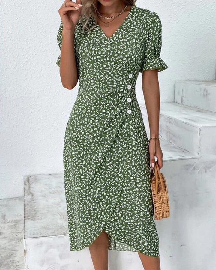 Elegant women's floral print V-neck flowy midi dress. Comfortable summer fashion perfect for day wear.