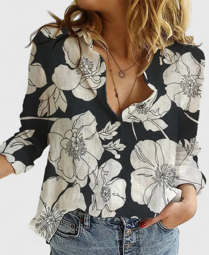 Elegant women's floral print V-neck long sleeve blouse. Perfect office & casual fashion top for women.