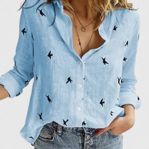 Flowy women's long sleeve V-neck blouse with elegant floral print. Perfect for office, casual, and fashion wear.