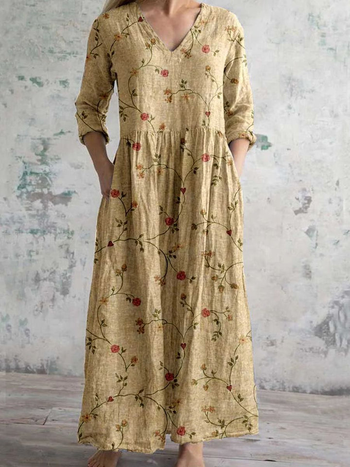 Stylish women's floral maxi dress with a flattering V-neck, long sleeves, and a comfortable relaxed fit for spring fashion.