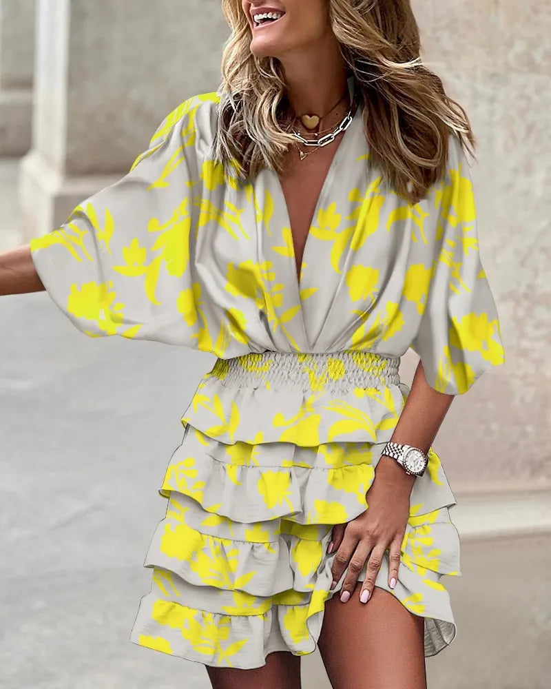Elegant women's floral print wrap dress with tiered ruffles & long sleeves. Perfect A-line silhouette for autumn fashion.