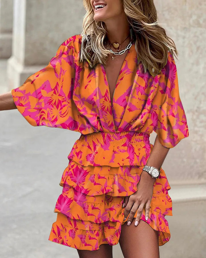 Comfortable women's long sleeve floral wrap dress. Flowy tiered A-line style, perfect pullover for autumn fashion.