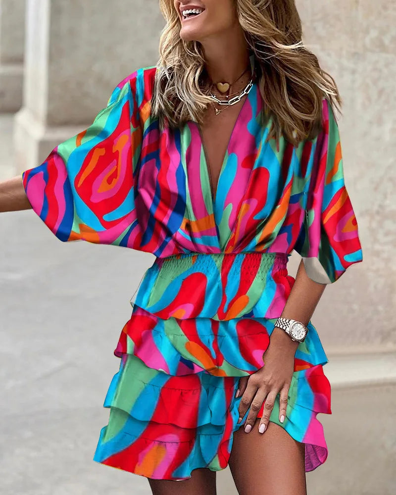 Stylish A-line women's floral print wrap dress with elegant tiered ruffles. Ideal for date night or autumn events.