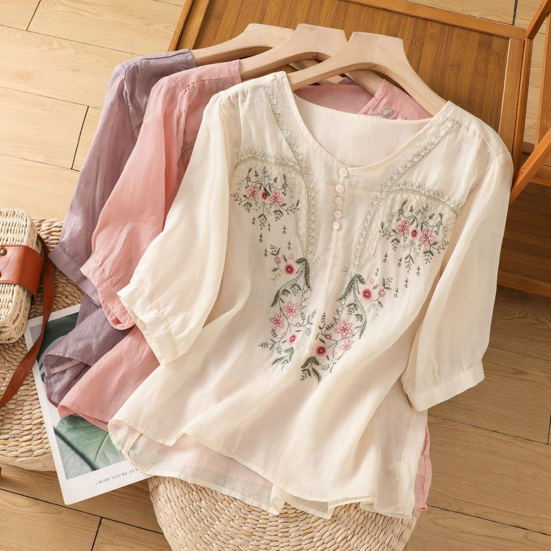 Elegant women's floral relaxed blouse with V-neck, perfect for spring casual wear & stylish comfort.