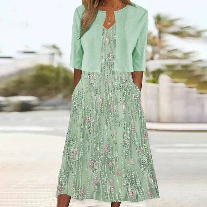 Elegant women's floral sequin midi dress with matching jacket; perfect two-piece occasion wear for parties & weddings.