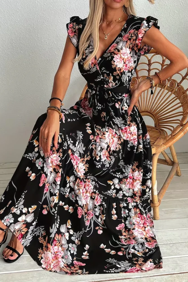 Elegant women's floral swing dress with belt, perfect for summer, vacation, or parties. Features a flattering A-line silhouette.