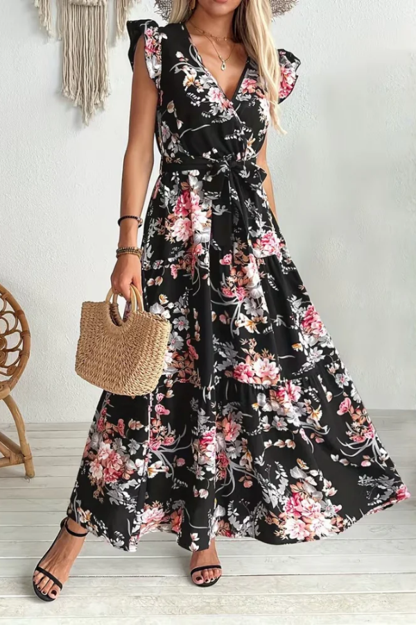 Women's belted floral V-neck swing dress with ruffle sleeves. Ideal casual or party dress for summer and beachwear.