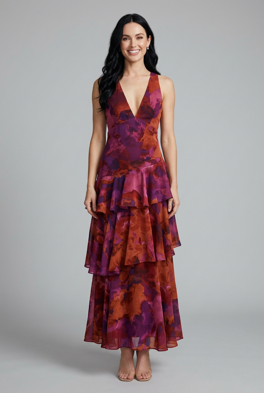 Elegant women's floral tiered maxi summer dress with a flattering V-neck. Perfect for casual or vacation wear.