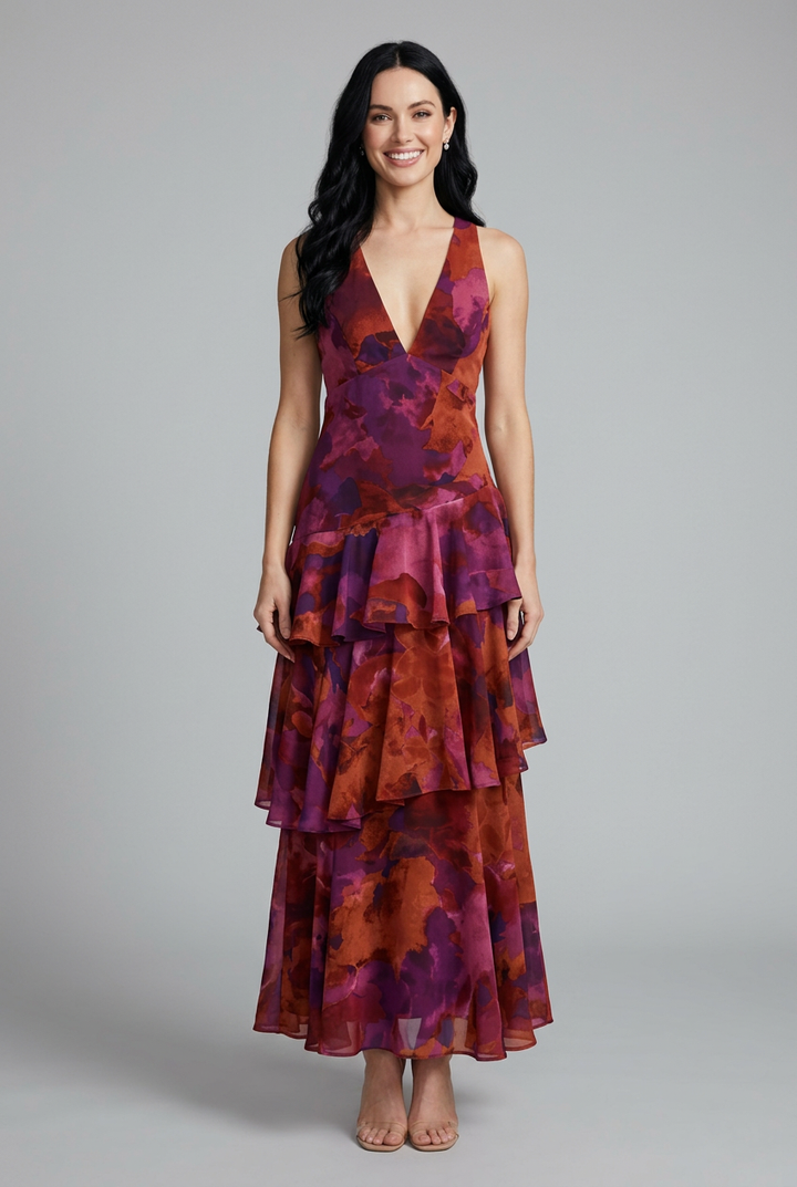Elegant women's floral tiered maxi summer dress with a flattering V-neck. Perfect for casual or vacation wear.