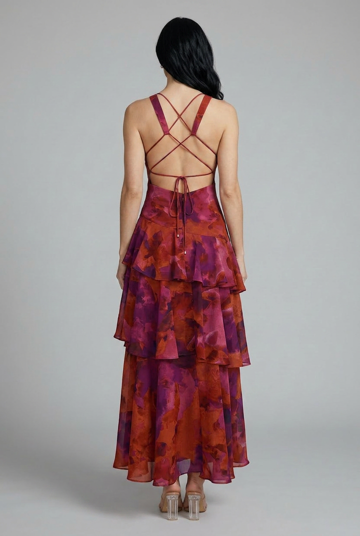 Casual yet chic women's floral print tiered maxi summer dress. Comfortable sleeveless design with a V-neck.