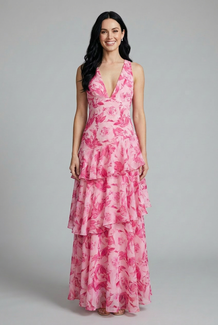 Vibrant floral tiered maxi dress for women, with an elegant V-neck, ideal for summer events and beach days.
