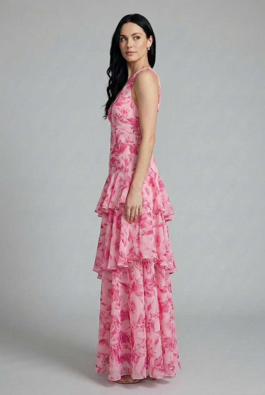 Lightweight women's floral tiered maxi summer dress, sleeveless with a graceful V-neck. Offers a relaxed fit.