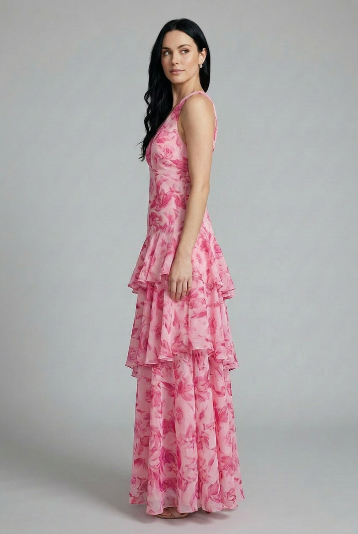 Lightweight women's floral tiered maxi summer dress, sleeveless with a graceful V-neck. Offers a relaxed fit.