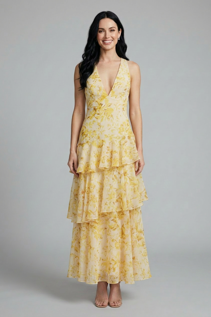 Stylish women's floral tiered maxi summer dress, showcasing a unique floral pattern and a flattering V-neck.