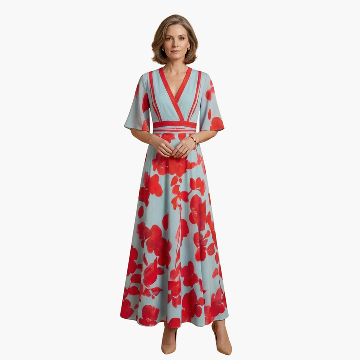 Elegant women's floral V-neck maxi dress, flattering summer fashion.