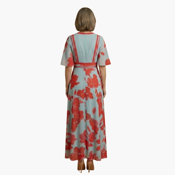 Flattering women's elegant floral V-neck maxi dress, ideal for summer fashion & parties.