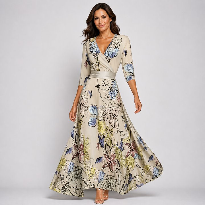 Elegant women's floral V-neck wrap maxi dress. Perfect for summer, vacation, or elegant occasion wear.