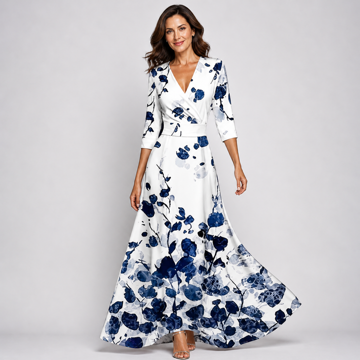 Flowing women's floral wrap maxi dress with V-neck, ideal for parties, elegant occasions, or summer wear.