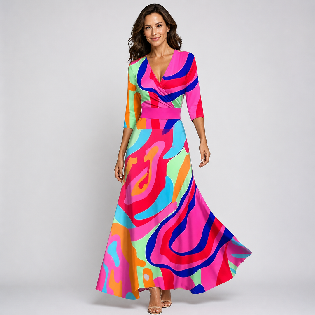 Women's long floral V-neck wrap maxi dress. Stylish women's fashion for elegant events or vacation.