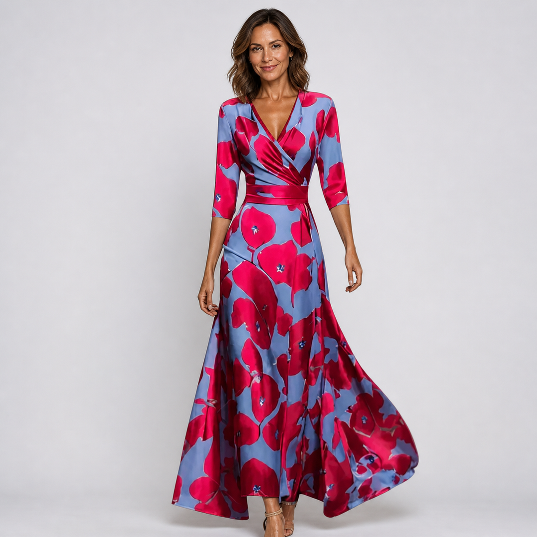 Chic women's floral V-neck wrap maxi dress. Elegant summer fashion, ideal for parties and special occasions.