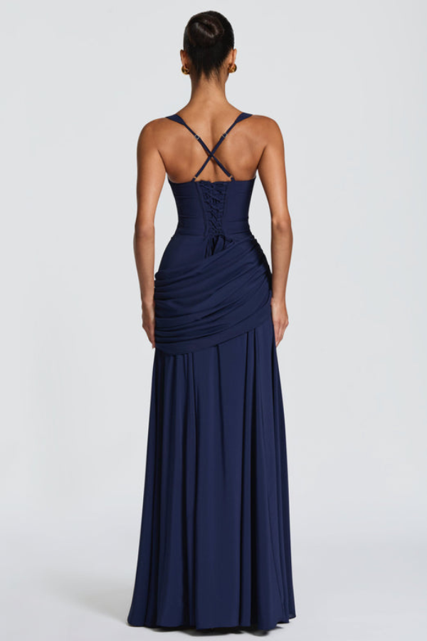 Chic navy blue flowing maxi dress for women, ideal for elegant evening events or a stylish vacation.
